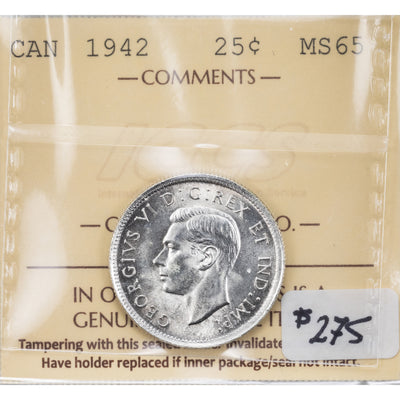 SOLD Canada 1942 25 Cents Quarter Silver Coin - ICCS MS-65