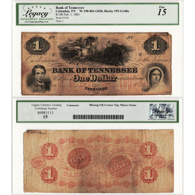 SOLD United States 1861 $1 Bank of Tennessee Note W-190-001-G030 - Legacy F-15