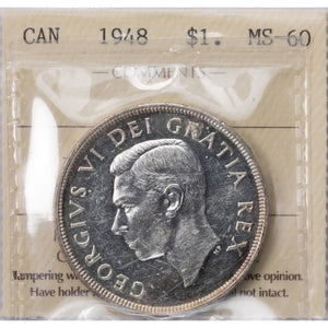 SOLD Canada 1948 $1 Silver Dollar Coin - ICCS MS-60
