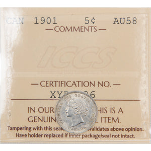 Canada 1901 5 Cents Silver Coin - ICCS AU-58