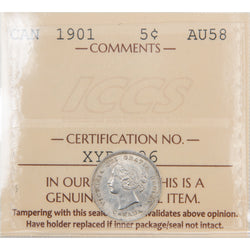 Encapsulated 1901 Canada 5 Cents silver coin graded AU-58 by ICCS with certification tag XYP 706, showing Queen Victoria crowned portrait and reverse crossed maple boughs with crown.