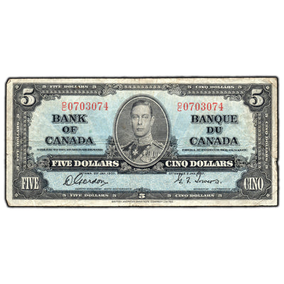 SOLD $5 1937 Bank of Canada Note Gordon-Towers O/C Prefix BC-23b