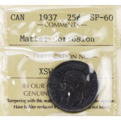 SOLD Canada 1937 25 Cents Quarter Silver Coin - ICCS SP-60 Corrosion
