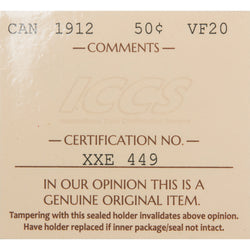 Canada 1912 50 Cents Half Dollar Silver Coin - ICCS VF-20
