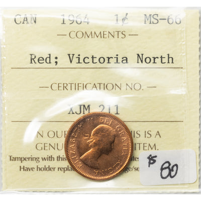 SOLD Canada 1964 1 Small Cent Coin - ICCS MS-66 Red Ex. Victoria North