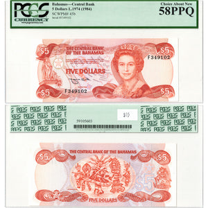 SOLD Bahamas 1974 (1984) $5 Five Dollars Note P #45b - PCGS AU-58 PPQ