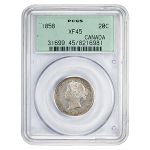 SOLD Canada 1858 20 Cents Silver Coin - PCGS XF-45 OGH