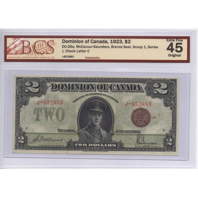 SOLD $2 1923 Dominion of Canada Note Bronze Seal Series J DC-26e - BCS EF-45