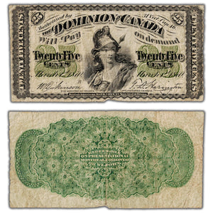 25 Cents 1870 Dominion of Canada Shinplaster Note Letter 'B' DC-1b - Fine+
