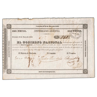 SOLD Argentina Confederacion 1859  200 Pesos Note - EF+