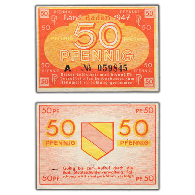 SOLD Germany Baden 1947 50 Fifty Pfennig Note - AU