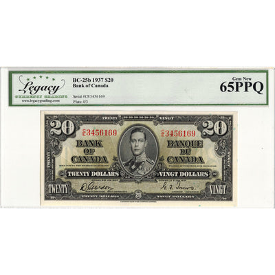 $20 1937 Bank of Canada Note Gordon-Towers C/E Prefix BC-25b - Legacy Gem UNC-65 PPQ