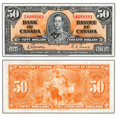 $50 1937 Bank of Canada Note Gordon-Towers B/H Prefix BC-26b- Cleaned/Tear