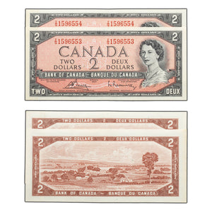 SOLD $2 1954 Bank of Canada Notes I/G Prefix BC-38c - 2 Consecutive - AU (light stain)