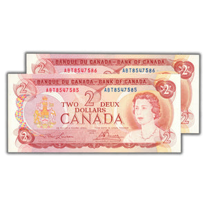 SOLD $2 1974 Bank of Canada Notes ABT Prefix BC-47a-i - 2 Consecutive UNC
