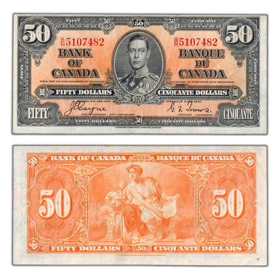 $50 1937 Bank of Canada Note Coyne-Towers B/H Prefix BC-26c - About EF