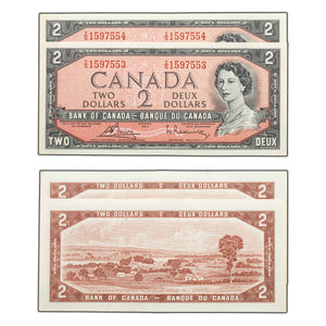 SOLD $2 1954 Bank of Canada Notes I/G Prefix BC-38c - 2 Consecutive - AU (light stain)