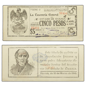 SOLD Mexico La Tesoreria General Estado De Oaxaca 1916 5 Five Pesos Note