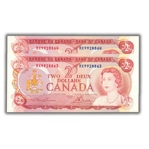 SOLD $2 1974 Bank of Canada Notes ABT Prefix BC-47a-i - 2 Consecutive UNC