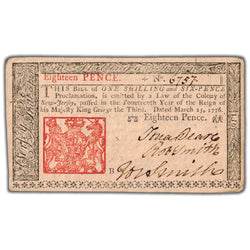 SOLD United States 1776 18 Pence New Jersey Colonial Currency Note