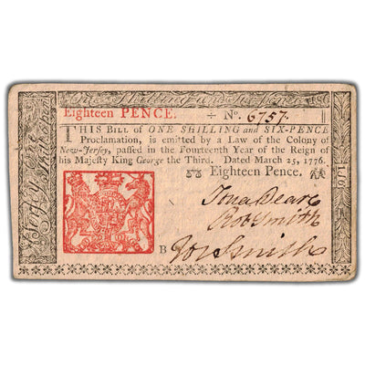 SOLD United States 1776 18 Pence New Jersey Colonial Currency Note