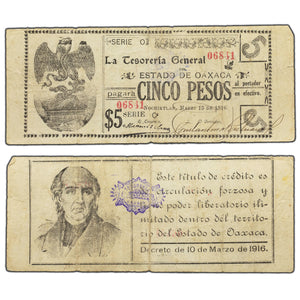 SOLD Mexico La Tesoreria General Estado De Oaxaca 1916 5 Five Pesos Note