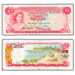 SOLD Bahamas 1968 $3 Three Dollars Note P #28a - VF