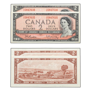 SOLD $2 1954 Bank of Canada Notes Y/U Prefix BC-38b - 2 Consecutive - AU