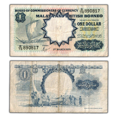Malaya & British Borneo 1959 $1 One Dollar Note P #8a - Minor Writing
