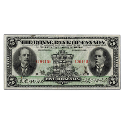 SOLD $5 1913 Royal Bank of Canada Chartered Note CH #630-12-04 - Pinholes/Tear