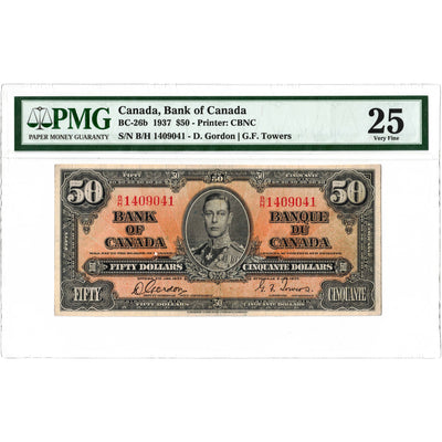 $50 1937 Bank of Canada Note Radar Serial 1409041 BC-25c - PMG VF-25
