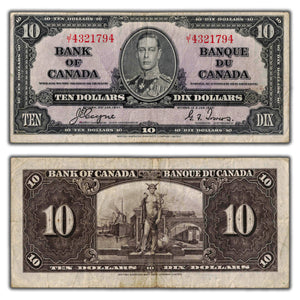 SOLD $10 1937 Bank of Canada Note Coyne-Towers J/T Prefix BC-24c - F/VF