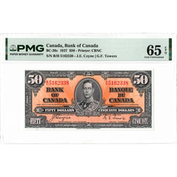 $50 1937 Bank of Canada Note Coyne-Towers B/H Prefix BC-26c - PMG Gem UNC-65 EPQ