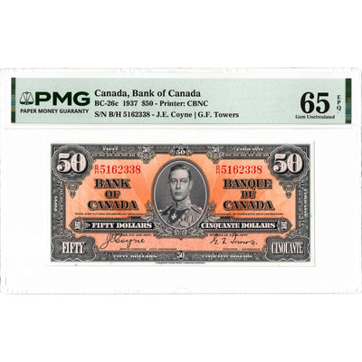 $50 1937 Bank of Canada Note Coyne-Towers B/H Prefix BC-26c - PMG Gem UNC-65 EPQ