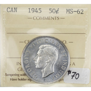 SOLD Canada 1945 50 Cents Half Dollar Silver Coin - ICCS MS-62