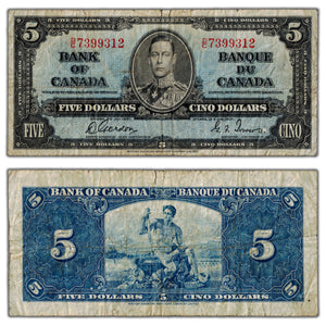 SOLD $5 1937 Bank of Canada Note Gordon-Towers D/C Prefix BC-23b - Circulated (tears)