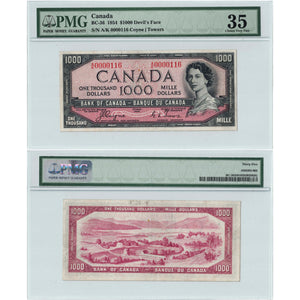 SOLD $1000 1954 Bank of Canada Note Devil Face Low #116 BC-36 - PMG VF-35