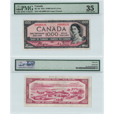 SOLD $1000 1954 Bank of Canada Note Devil Face Low #116 BC-36 - PMG VF-35