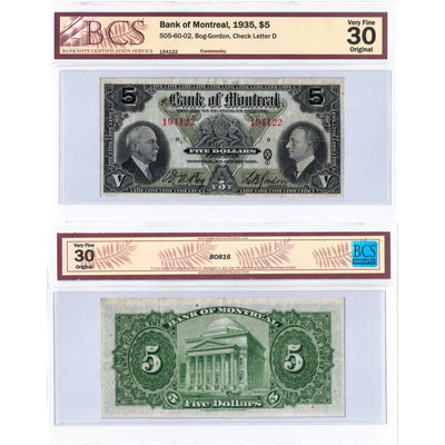 $5 1935 Bank of Montreal Canada Chartered Note #505-60-02 - BCS VF-30