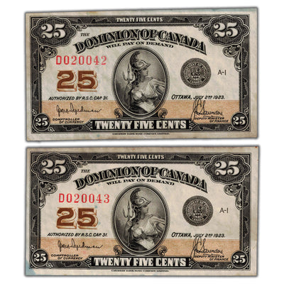 SOLD 25 Cents 1923 Dominion of Canada Shinplaster Notes DC-24a - 2 Consec EF+ (stained)