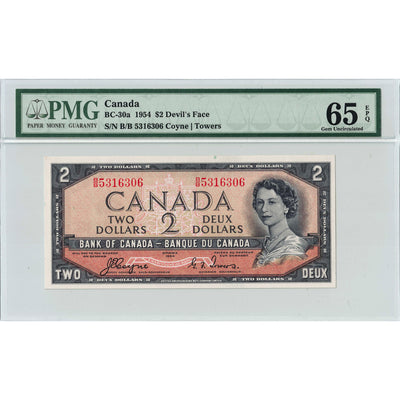 SOLD $2 1954 Bank of Canada Note Devil Face B/B Prefix BC-30a - PMG Gem UNC-65 EPQ
