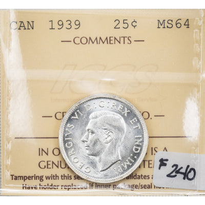 SOLD Canada 1939 25 Cents Quarter Silver Coin - ICCS MS-64