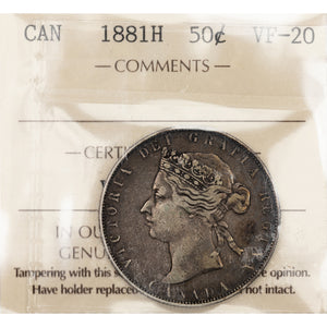 SOLD Canada 1881-H 50 Cents Half Dollar Silver Coin - ICCS VF-20