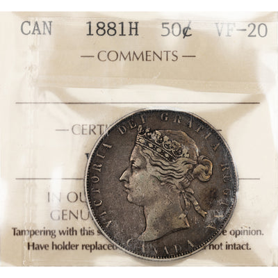 SOLD Canada 1881-H 50 Cents Half Dollar Silver Coin - ICCS VF-20