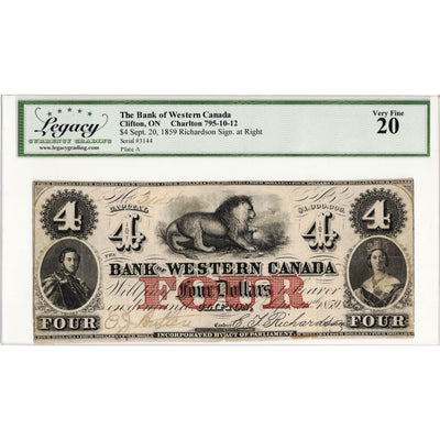 $4 1859 Bank of Western Canada Chartered Note #795-10-12 - Legacy VF-20