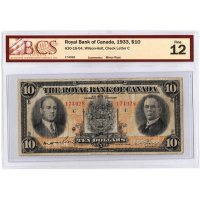 SOLD $10 1933 Royal Bank of Canada Chartered Note #630-16-04 - BCS F-12