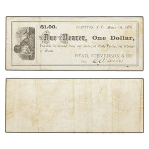 SOLD $1 1876 Read, Stevenson & Co Cliffton New Brunswick Merchant Script