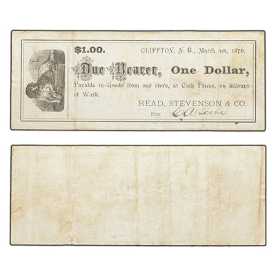SOLD $1 1876 Read, Stevenson & Co Cliffton New Brunswick Merchant Script