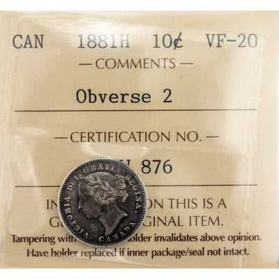 Canada 1881-H Obverse #2 10 Cents Dime Silver Coin - ICCS VF-20