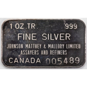 SOLD Johnson Matthey Mallory JM&M 1oz .999 Fine Silver Bar